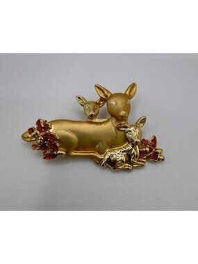 Vintage Danecraft Deer Fawns Brooch Gold Tone Enamel Leaves Figural